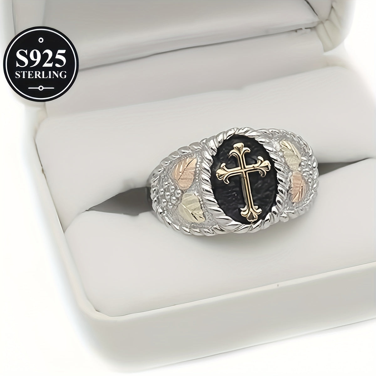 Rings for Women - Men's Cross Ring S925 Sterling Silver Black Mountain Gold Pattern Vintage - product detail view 10