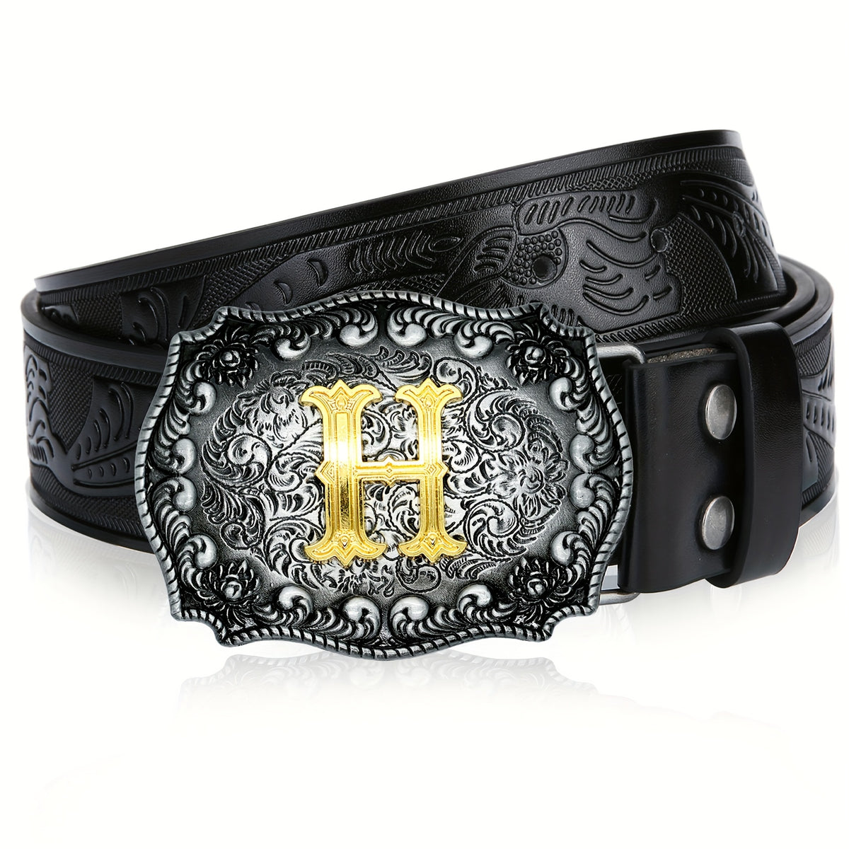 Men's Belt - Western for Embossed Floral Cowboy Longhorn Bull Pattern Big Letter Buckle - product detail view 78