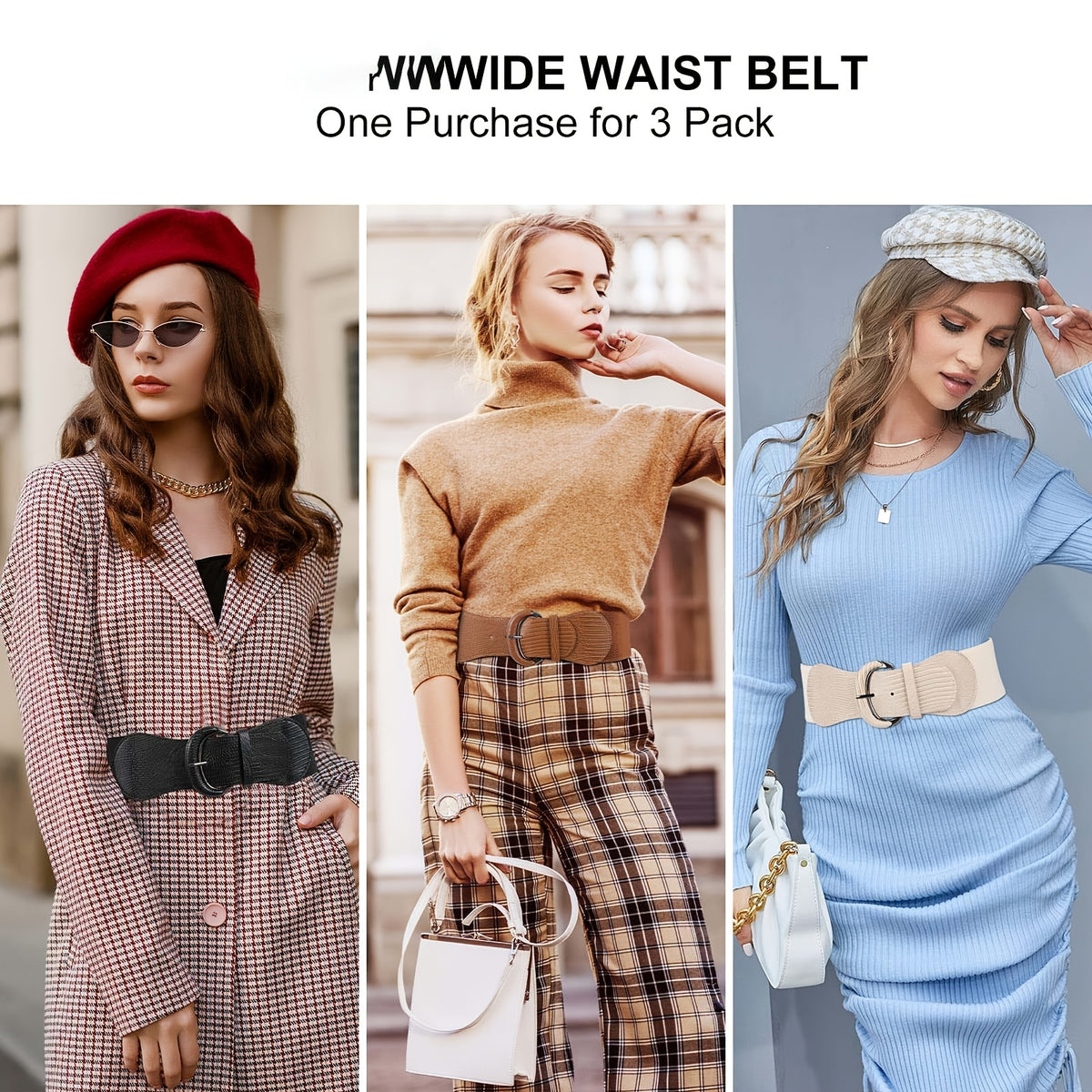Women's Belt - Wide Waist Set 3pcs for | Vintage Matte Elastic Braided Bow with Hook - product detail view 11