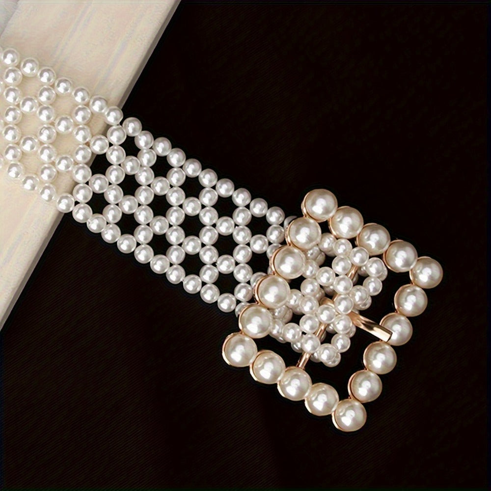 Women's Belt - Woven Beaded Adjustable Hollow White Dress Copper Buckle Body Jewelry - product detail view 9