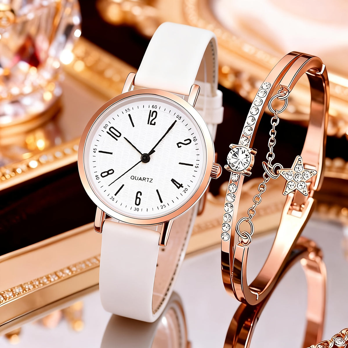 Women's Quartz Watch - Couple Set for - Rhinestone Heart Dial Watches Rose Gold Pink Faux Leather - product detail view 46
