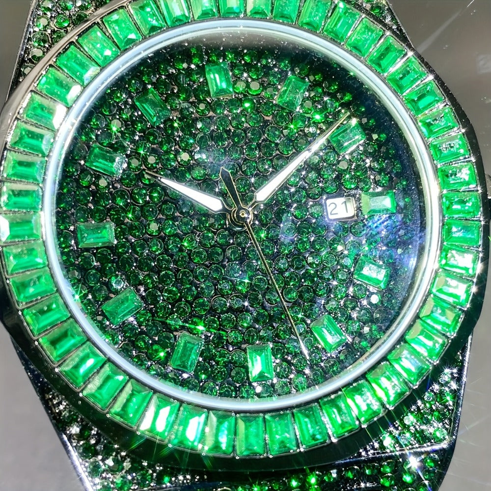 Men's Quartz Watch - Iced Out 's MISSFOX Luxury Hip Hop Square Rhinestone Wristwatch, Green - product detail view 7
