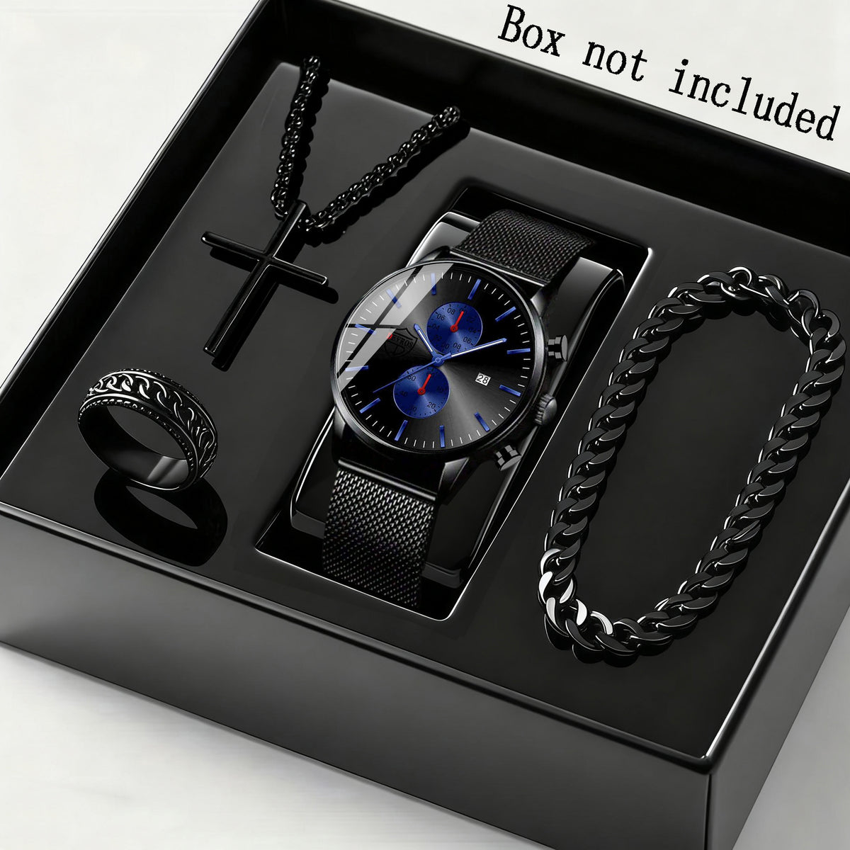 Men's Quartz Watch - 's & Bracelet Gift Set 4-Piece Stainless Steel Date , Necklace & Bracelet - product detail view 8