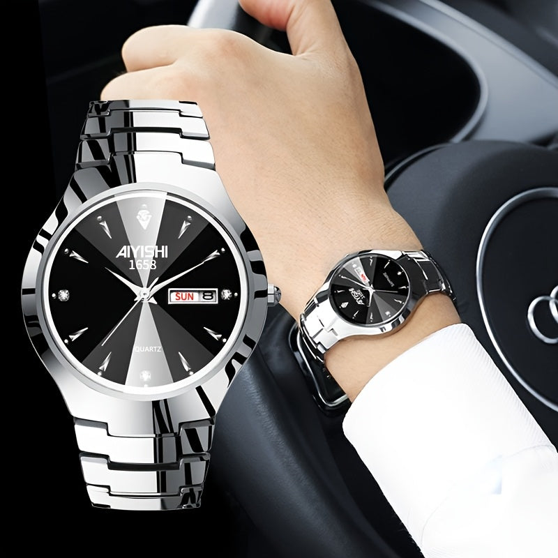 Men's Quartz Watch - 's Luminous Dual Calendar | Stainless Steel Wristwatch with Date Display - product detail view 23