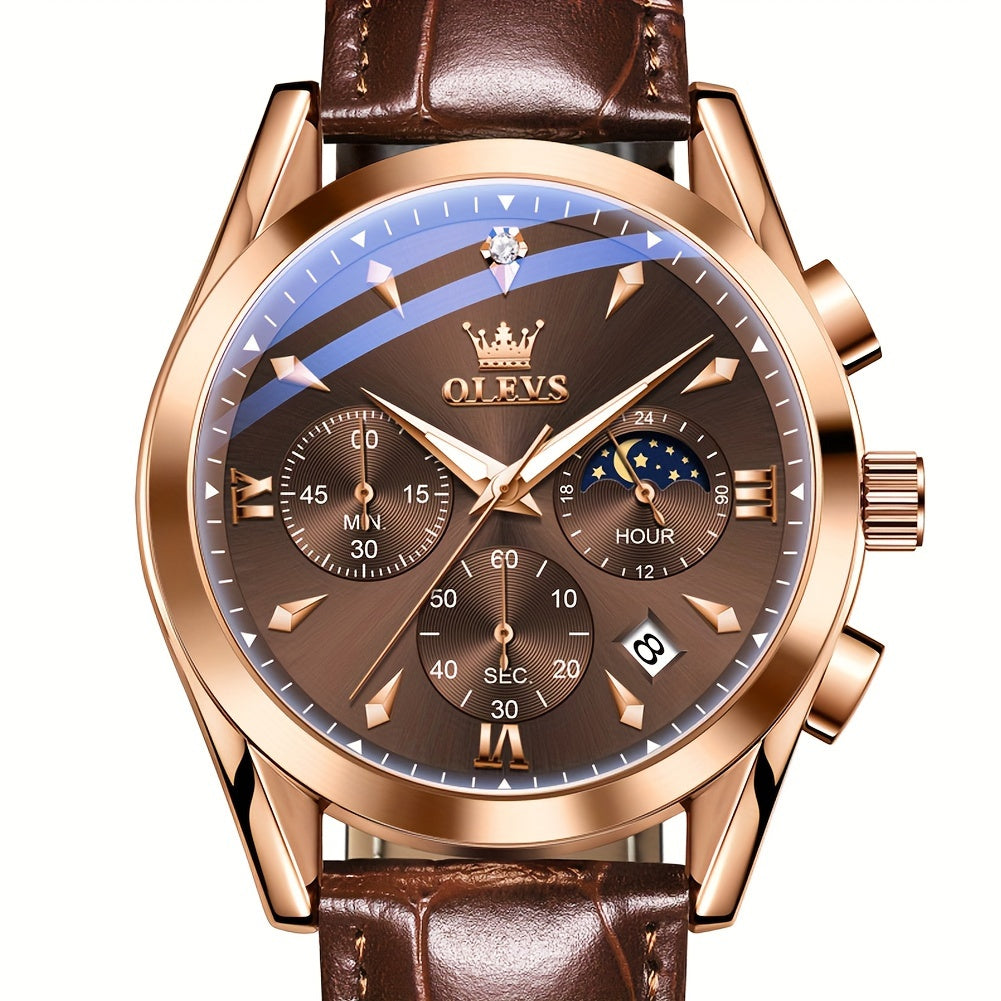 Men's Quartz Watch - 's Moon Phase OLEVS Luxury Analog Chronograph Wristwatch with Faux Leather - product detail view 27