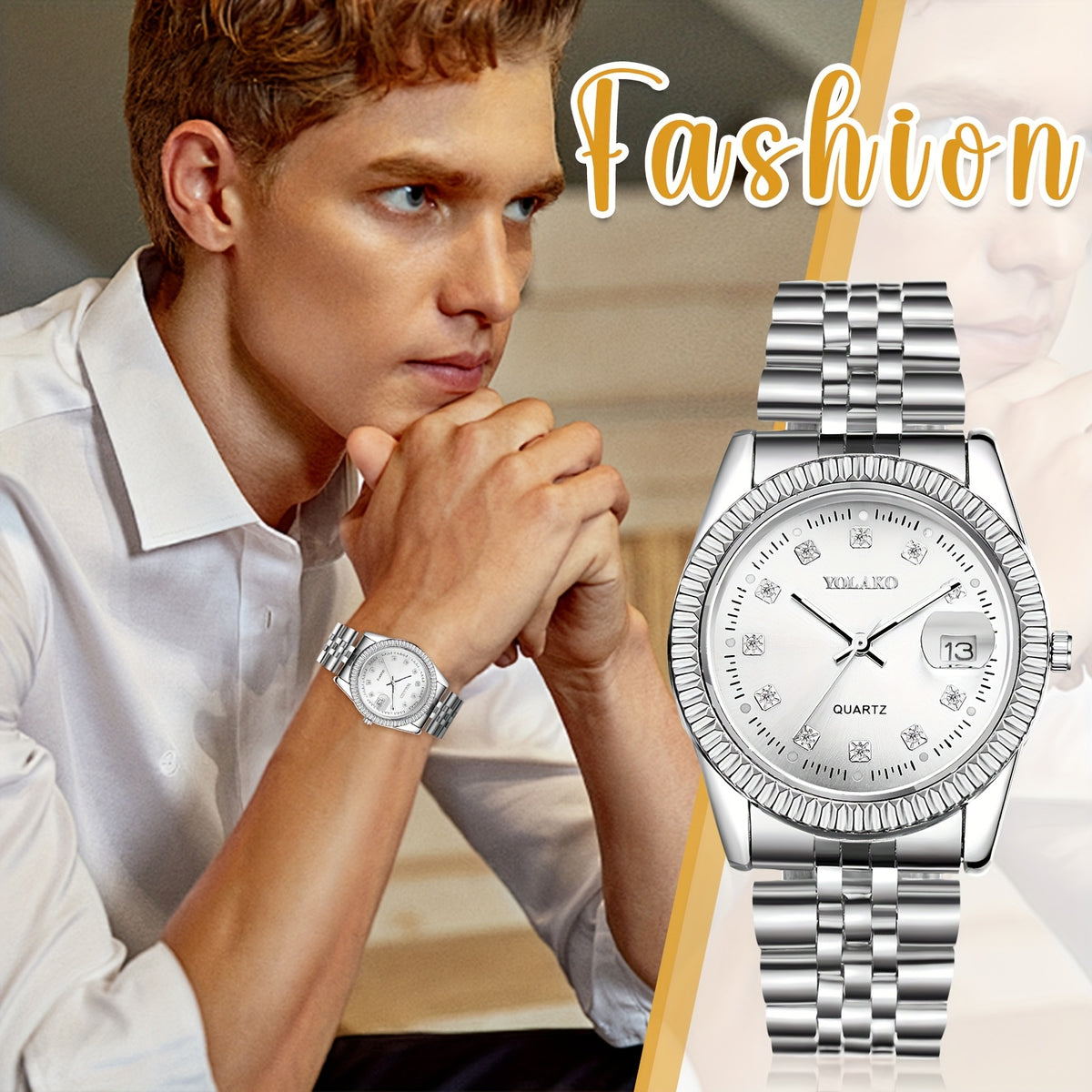 Men's Quartz Watch - 's Rhinestone with Luminous Hands & Date Display - Gold & Silver Tone - product detail view 9