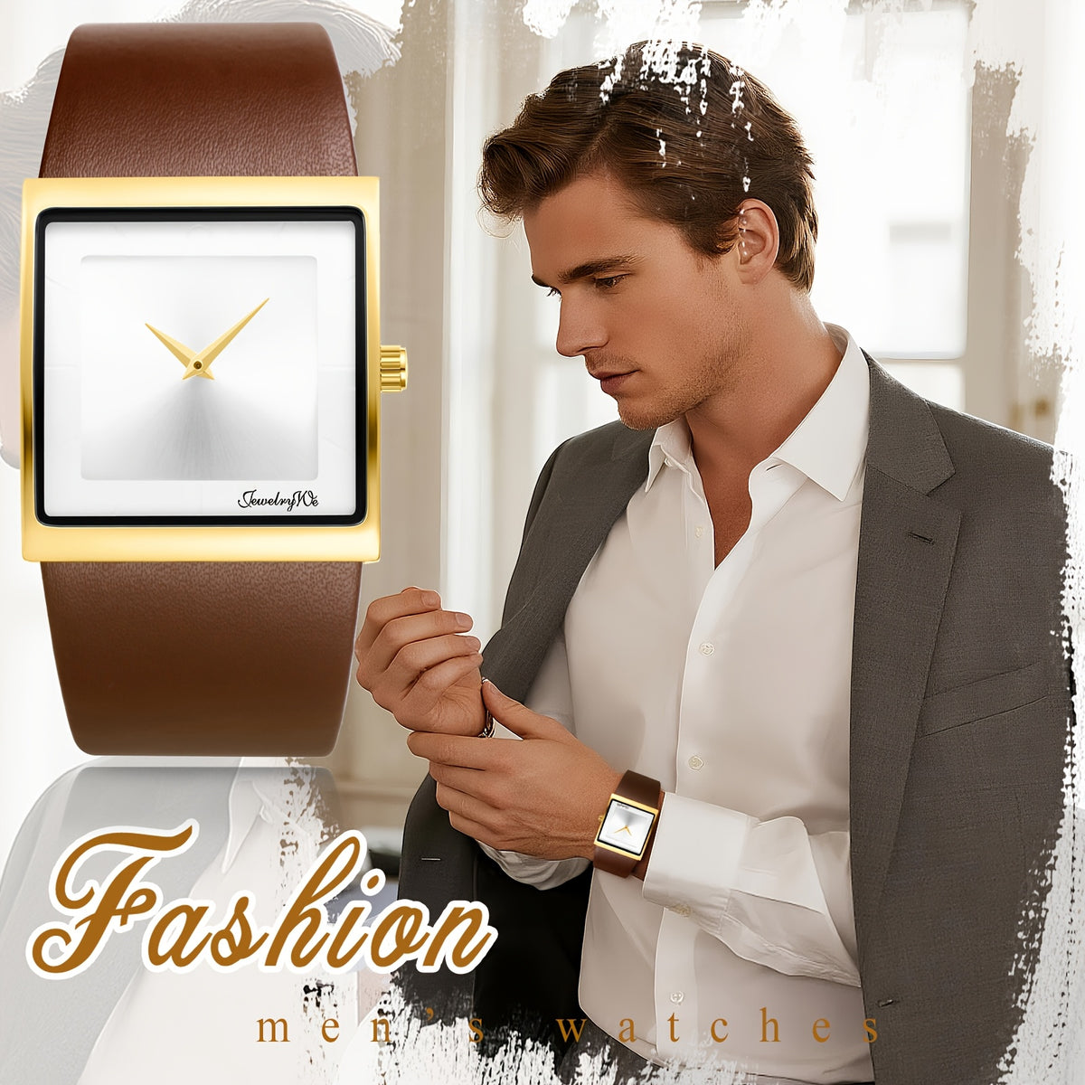 Men's Quartz Watch - Square Dial for - Genuine Leather Strap Wristwatch, Stainless Steel Case - product detail view 19