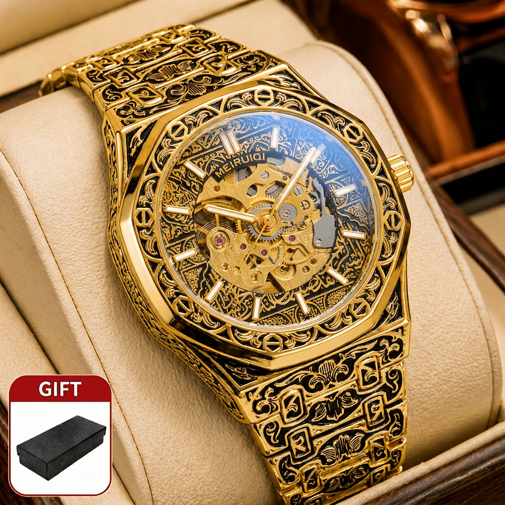 Men's Watch - 's Automatic Mechanical Rose Carving Retro Gold Steel Bracelet Classical - product detail view 15