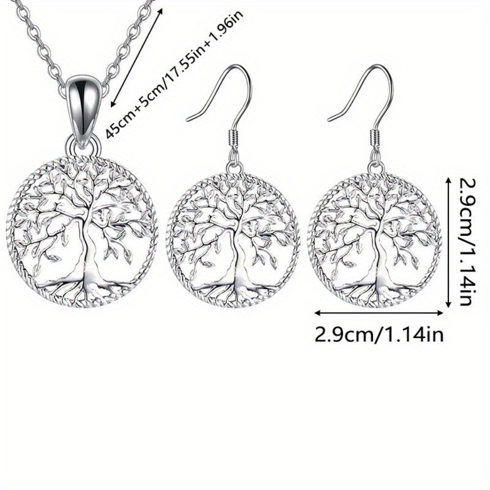 Silver Jewelry Set for Women - 925 Silver Tree of Life, Necklace and Earrings - size chart 45cm+5cm/17.55in+1.96in