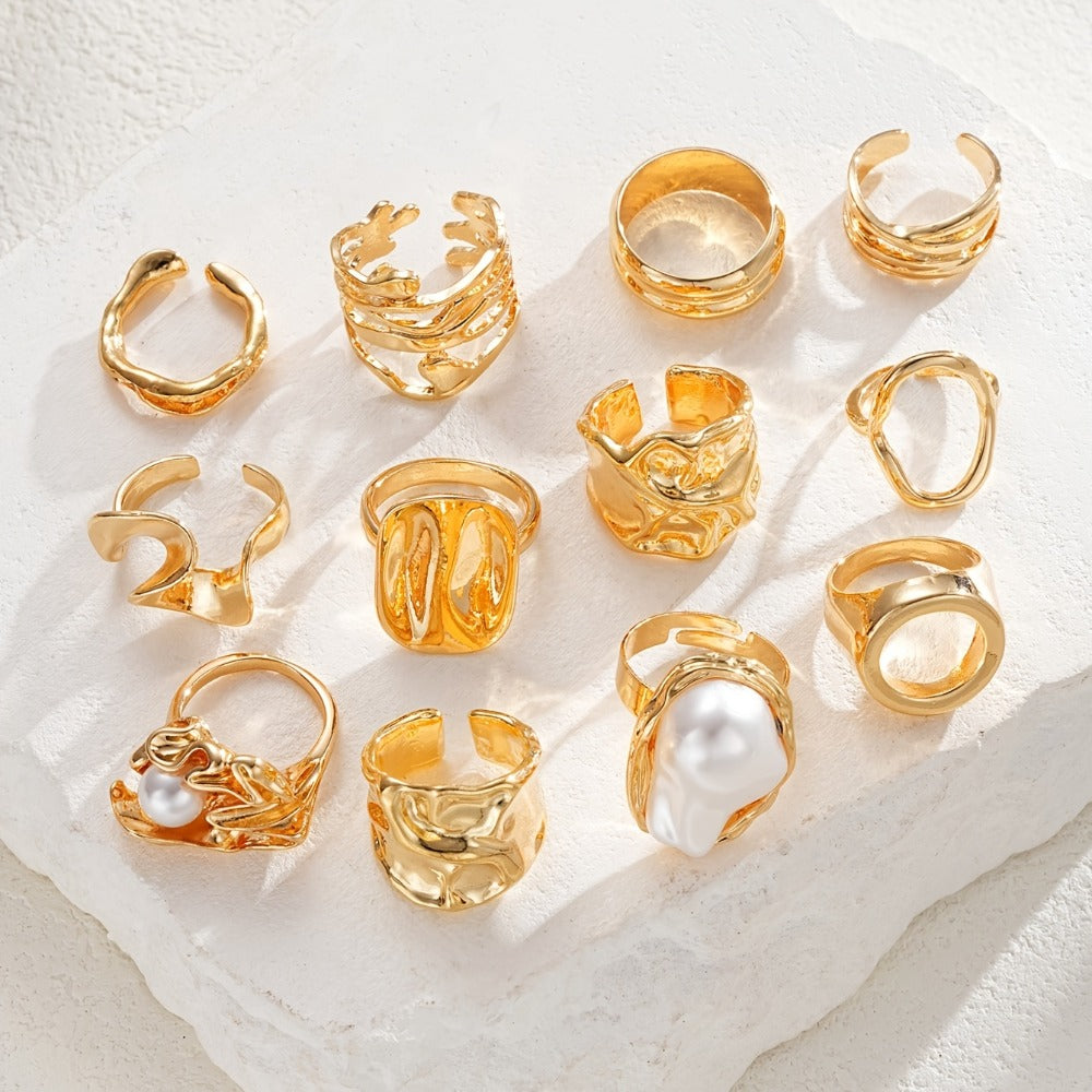 Stackable Rings for Women - Boho Adjustable Ring Set 12pcs - Vintage Geometric Floral Faux Shell Thick - product detail view