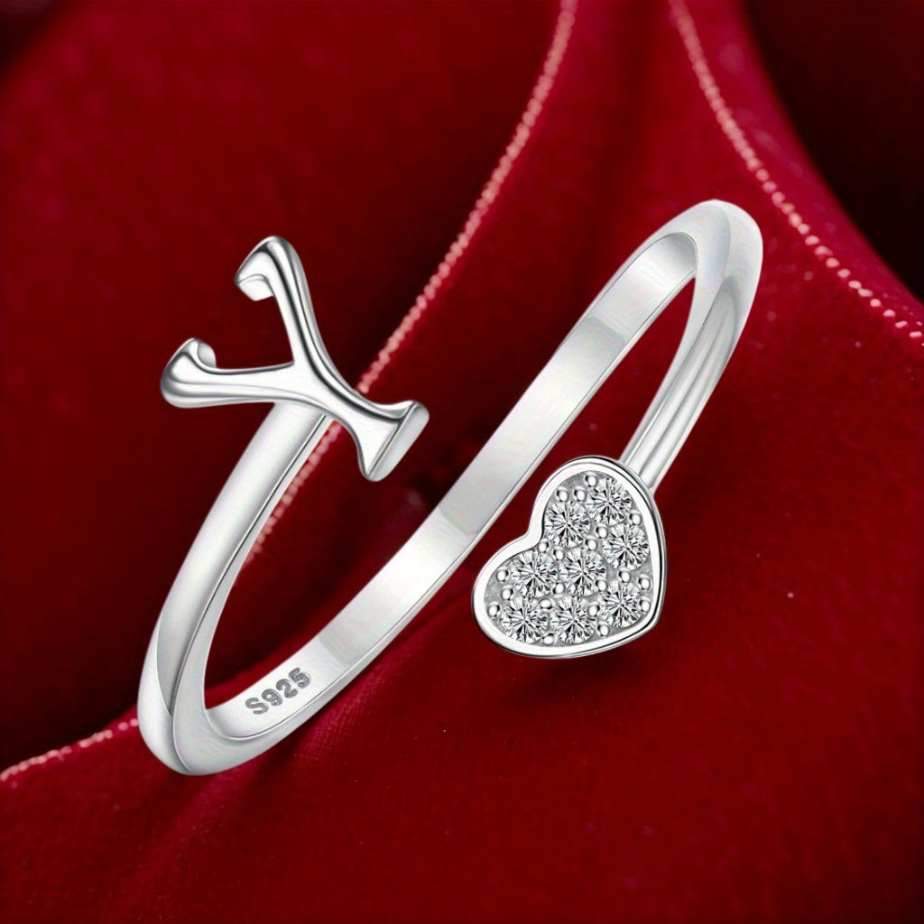 Stackable Rings for Women - Initial Heart Ring 925 Sterling Silver - Adjustable Letter Ring for & Men - product detail view
