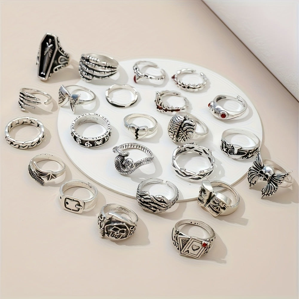 Stackable Rings for Women - Punk Ring Set 24Pcs for & Men - Retro Gothic Dark Style Spider Skull Cross - product detail view