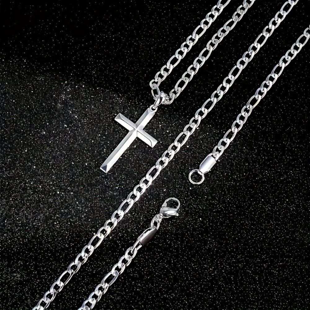 Sterling Silver Cross Necklace - 925 Silver Cross Pendant, Figaro Chain - product detail view 5