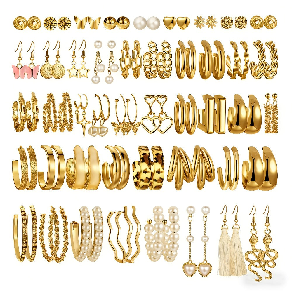 Stud Earrings for Women - Earring Set for 48 Pairs Minimalist Gold Tone Alloy Hoop Mix - Casual - product detail view 5