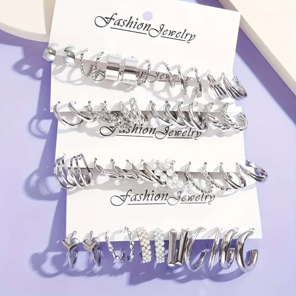 Stud Earrings for Women - Fashion Set 24 Pairs - Zinc Alloy Stainless Steel for - Minimalist - product detail view 5