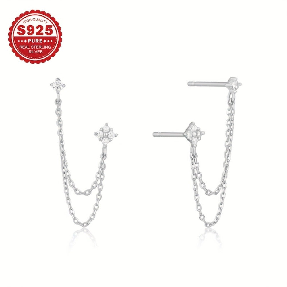 Stud Earrings for Women - S925 Sterling Silver Flower Chain CZ Four-Flower Dangle Elegant - product detail view 7