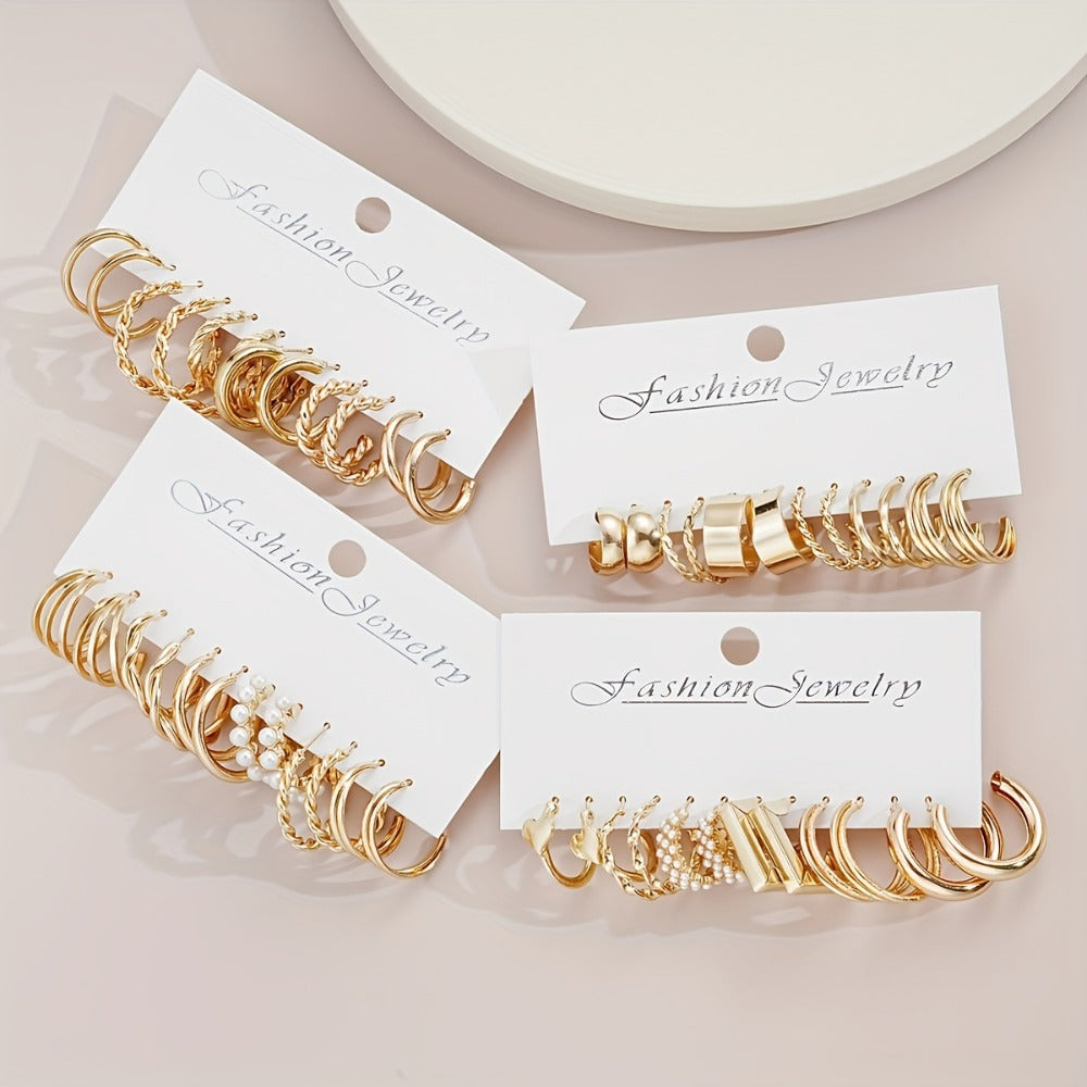 Stud Earrings for Women - Set 108Pcs Hoop with Imitation Pearl Rhinestone Metallic Geometric Design - product detail view 7