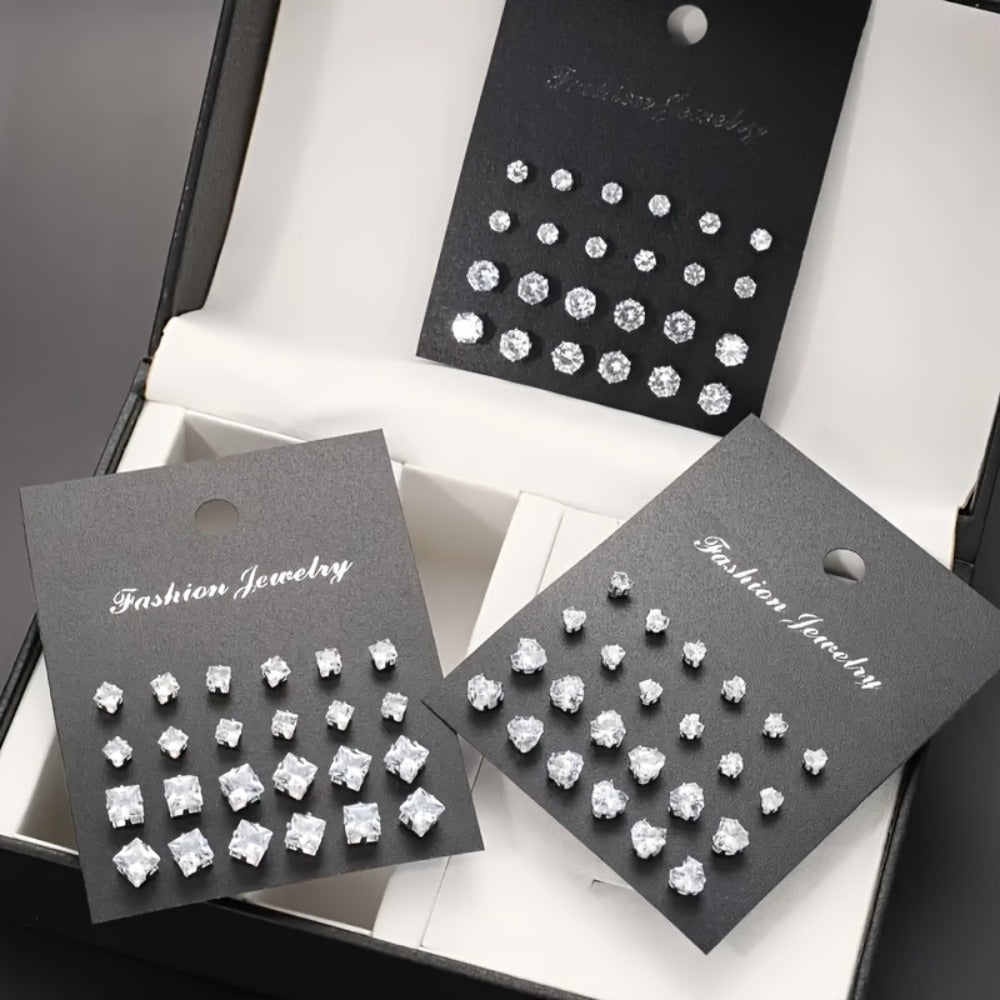 Stud Earrings for Women - Set 72 Pairs Sparkling Zircon Geometric Mixed Shapes Love Heart Round - product detail view 5