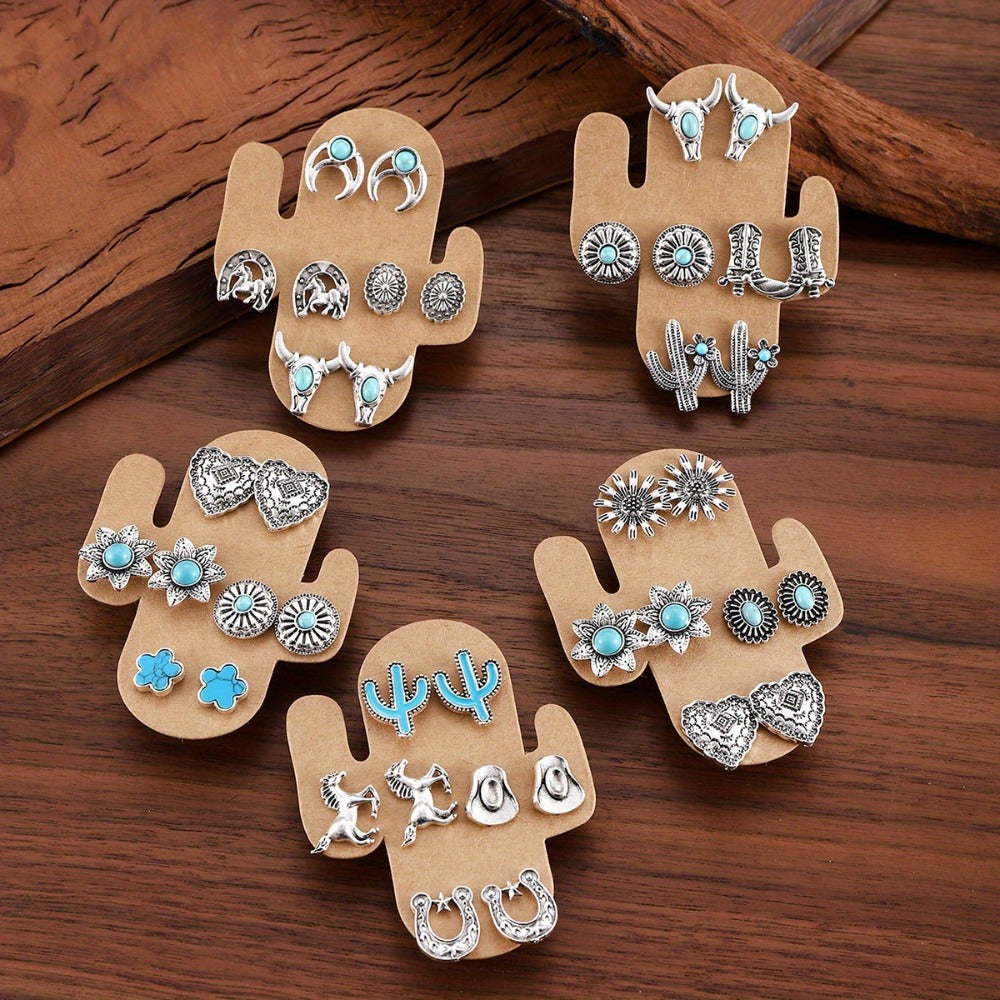 Stud Earrings for Women - Western Style Set 20 Pairs - Turquoise Cowgirl with Bull Skull, Horseshoe - product detail view 11