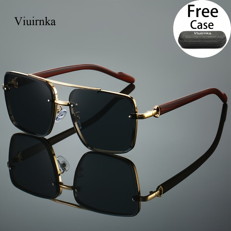 Sunglasses for Men - Double Bridge UV400 Wood Grain Luxury Frame - Square Retro Gradient Tinted - product detail view 17