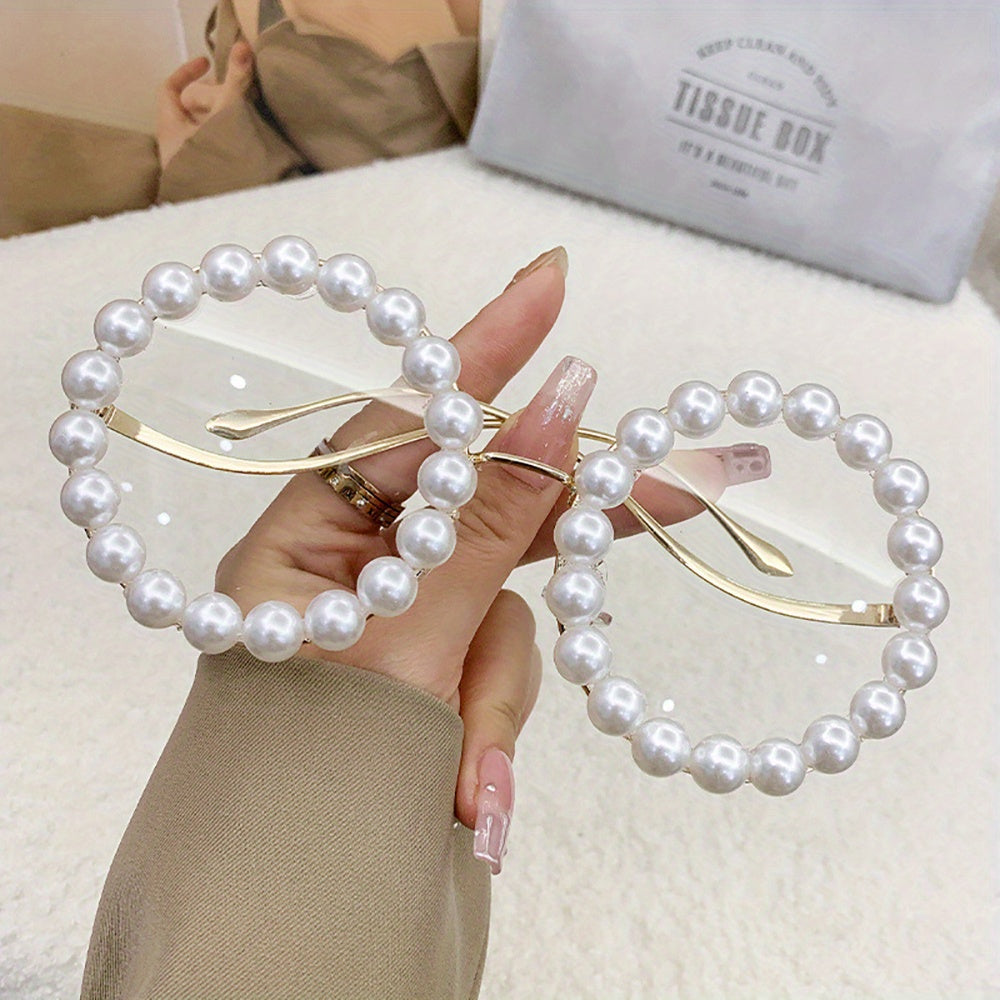 Sunglasses for Women - Round Pearl Frame Gold Wave Temple Full Rim Fashion Glasses for Summer - product detail view 23