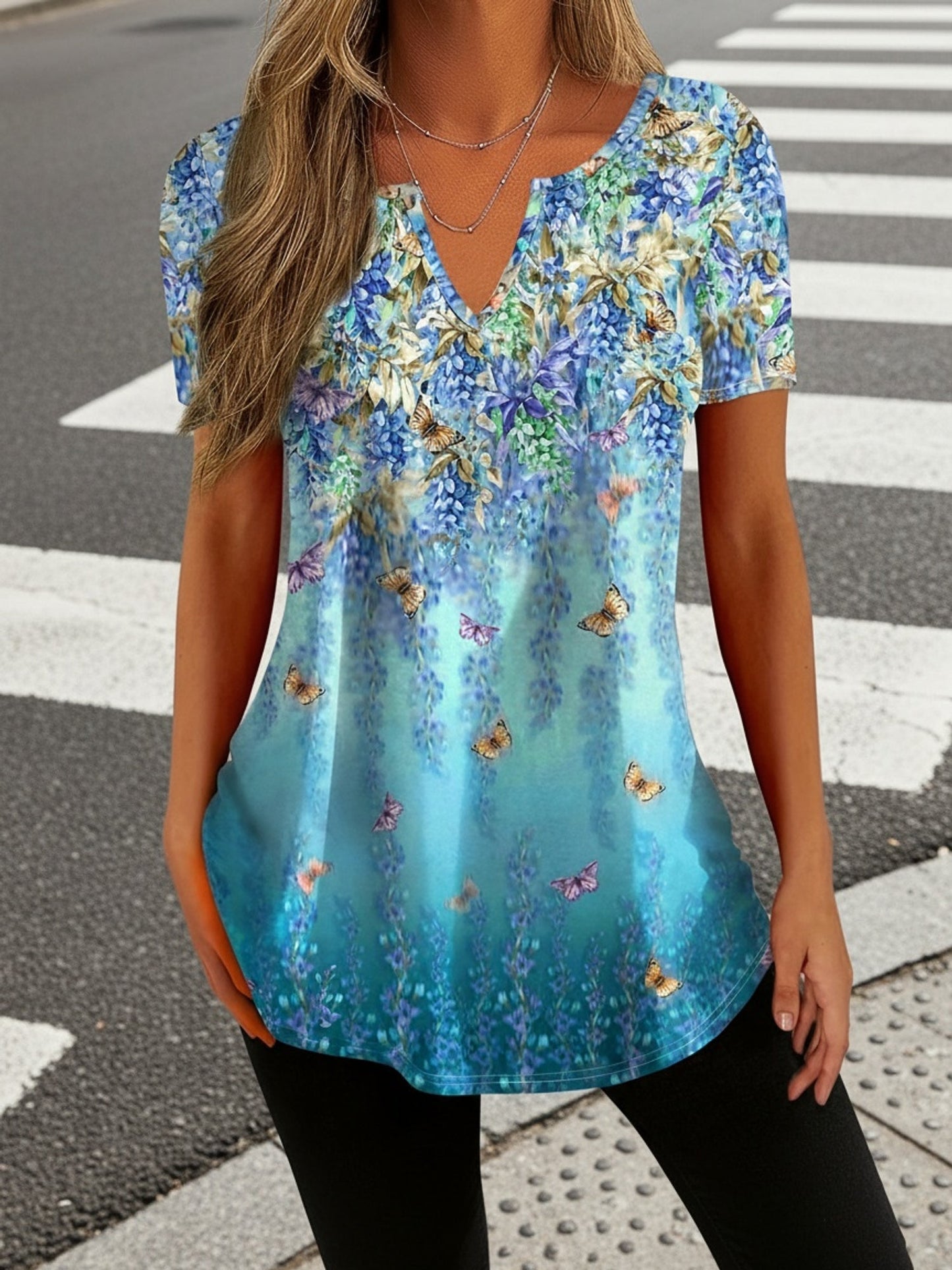Unisex Butterfly Print T-Shirt - Short Sleeve – Blue Graphic Design 93829 detail view