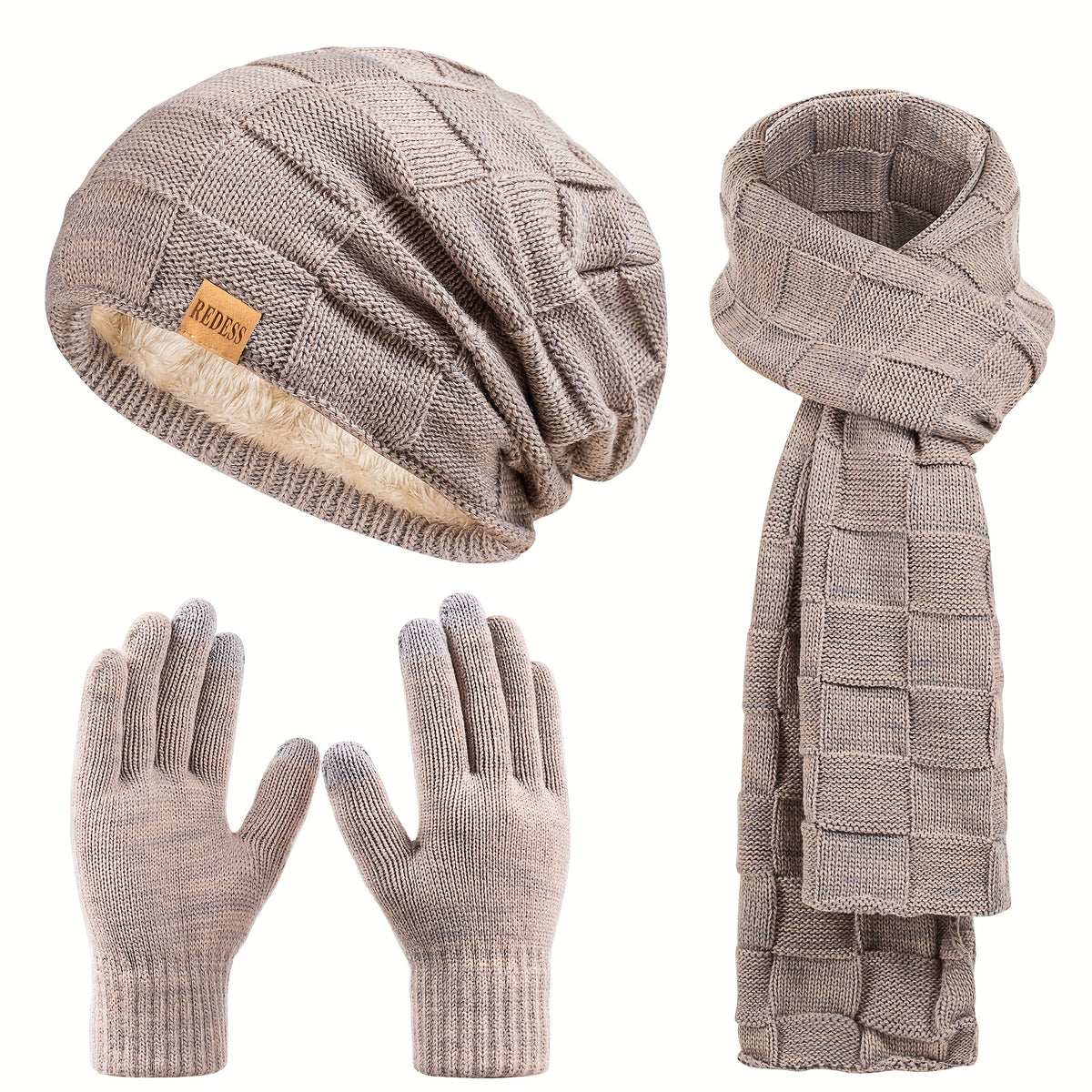 Winter Accessory Set - 3Pcs Hat Scarf Touchscreen Gloves Thick Warm Thermal Unisex Cold Weather - product detail view 27