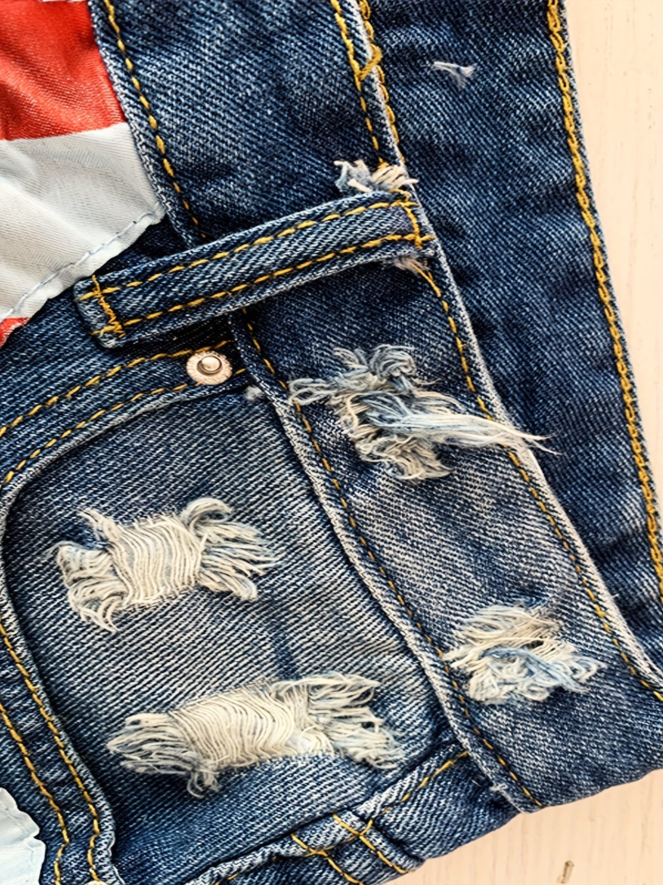 Women's American Flag Denim Shorts - Frayed High Waist detail view