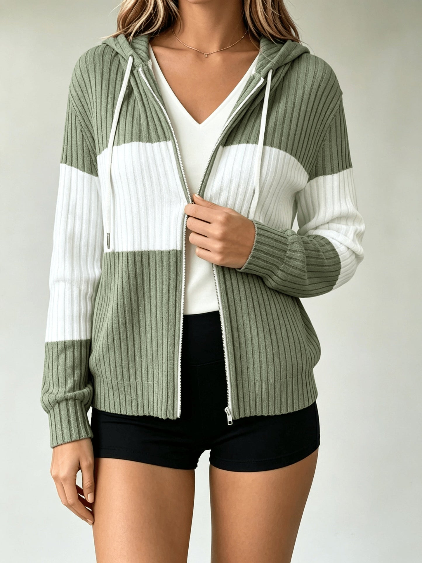 Women's Color Block Hooded Cardigan - Lightweight Button Front detail view