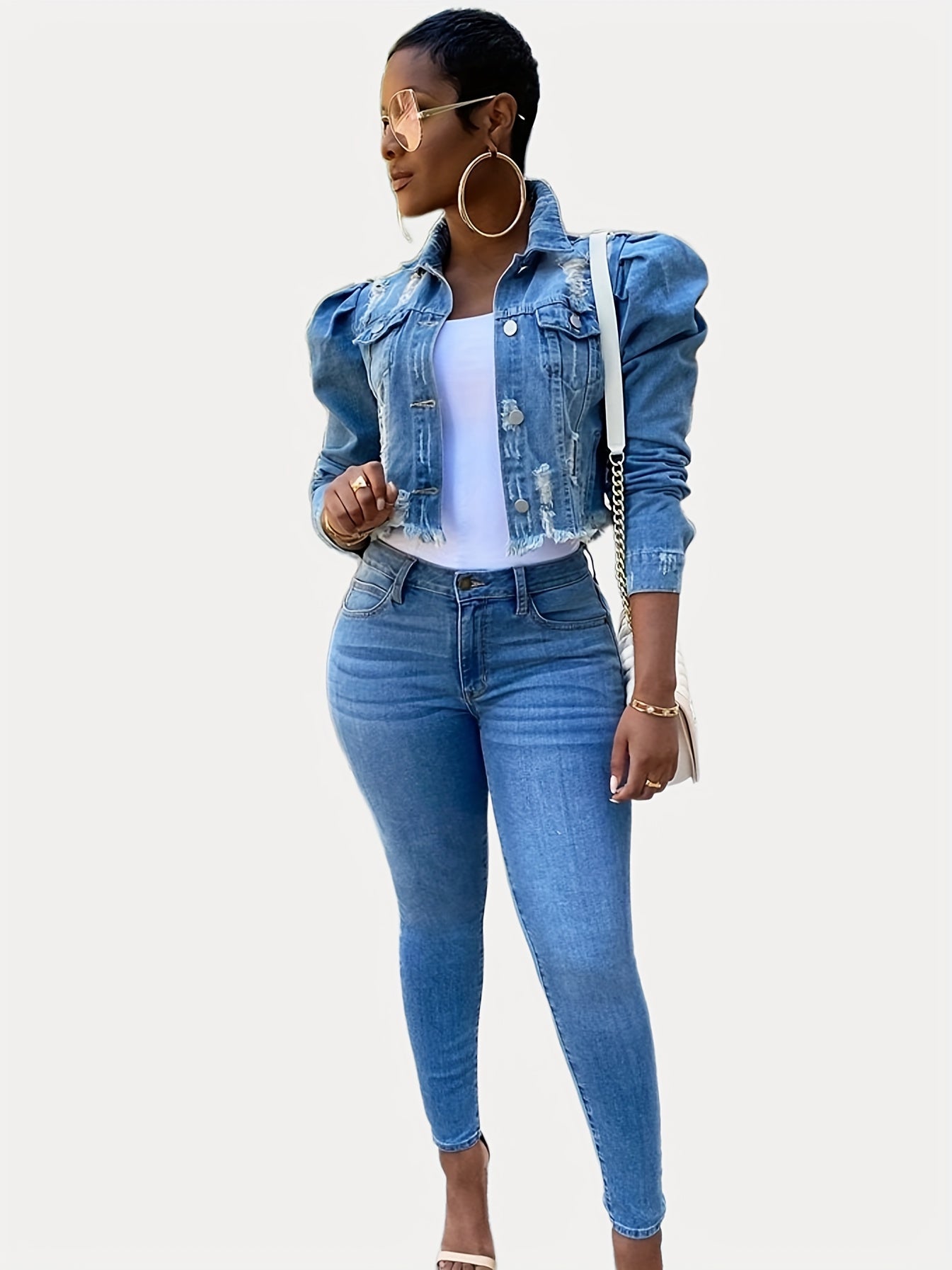 Women's Cropped Denim Button-Front Jacket – Black / Light Blue – view 9