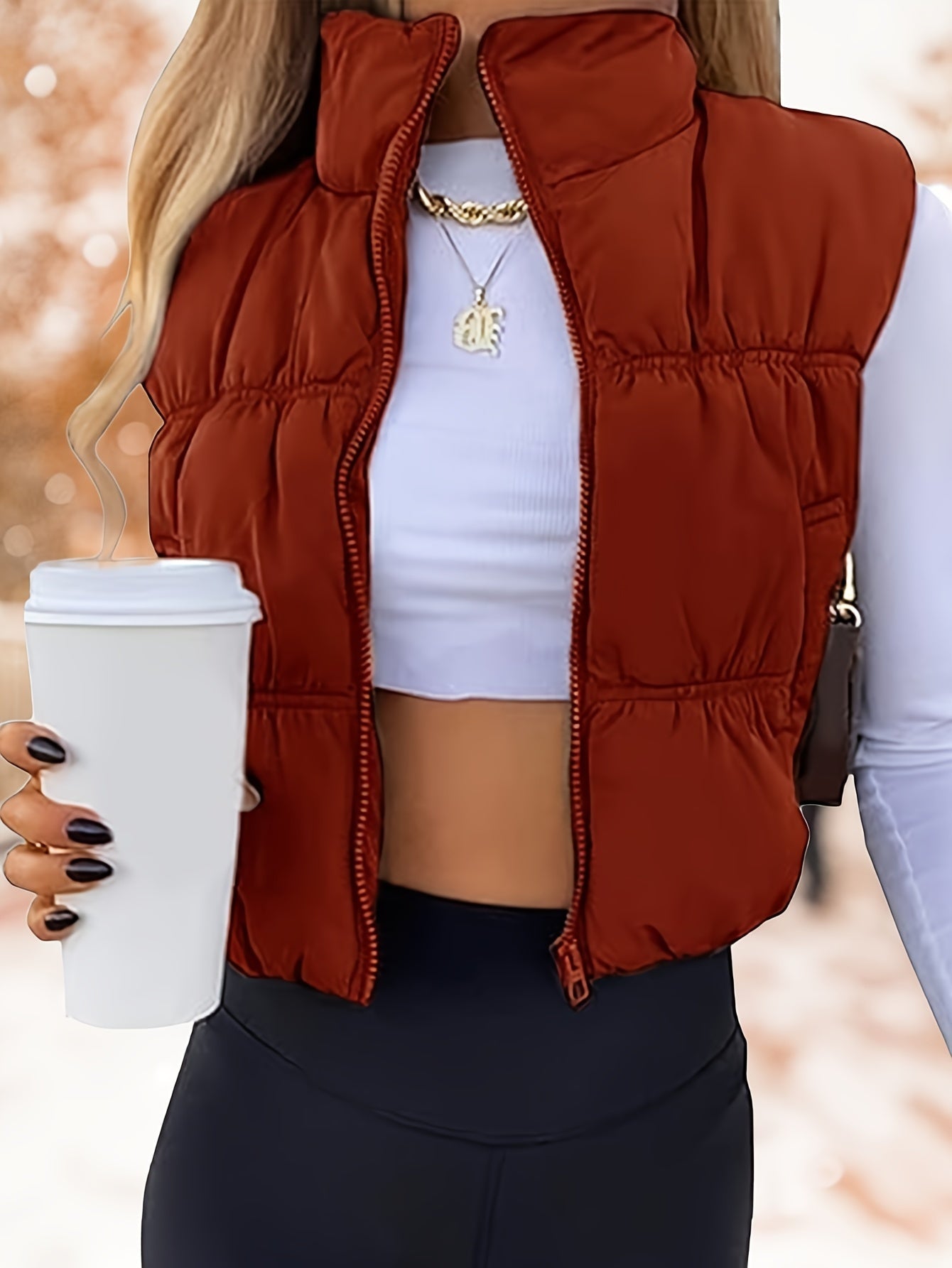 Women's Cropped Puffer Vest - Zip-Up Stand Collar detail view