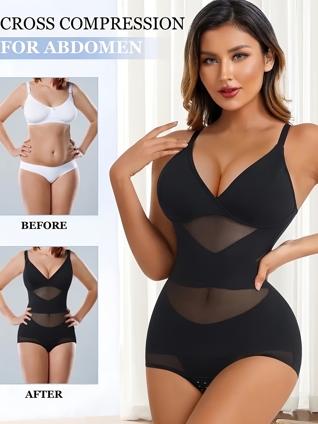 Women's Deep V Shapewear Bodysuit - Mesh Full Body Shaper with Pads – view 9
