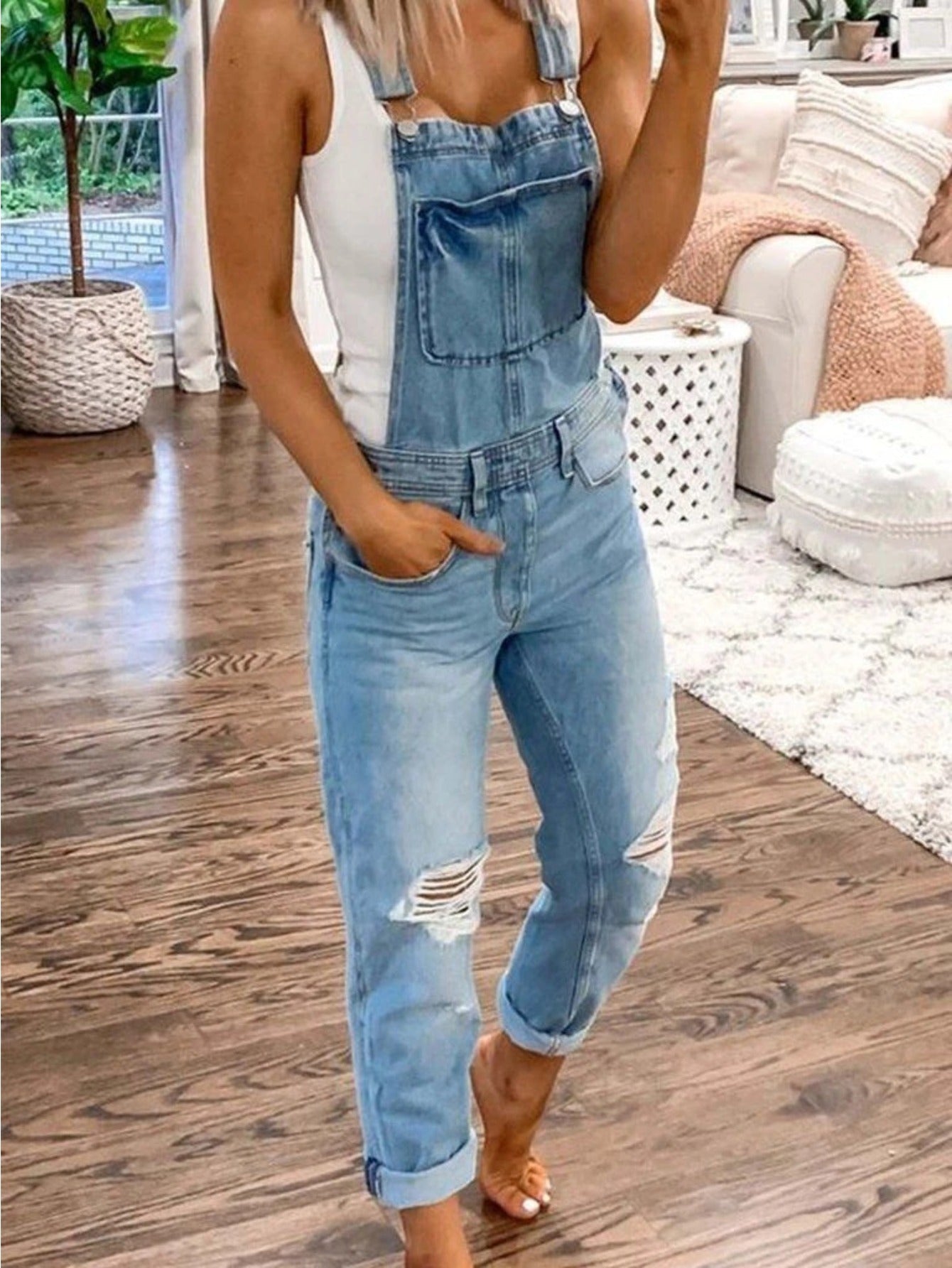 Women's Denim Overalls - Wide Leg Distressed Detail detail view
