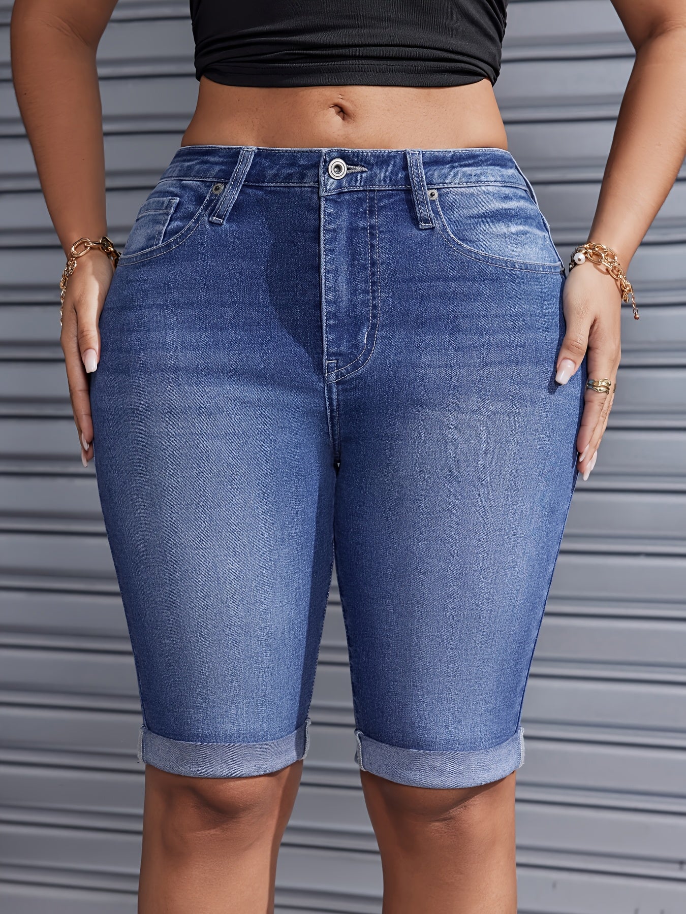 Women's Denim Shorts - Stretch – Medium Blue / Sizes XS–XXL detail view