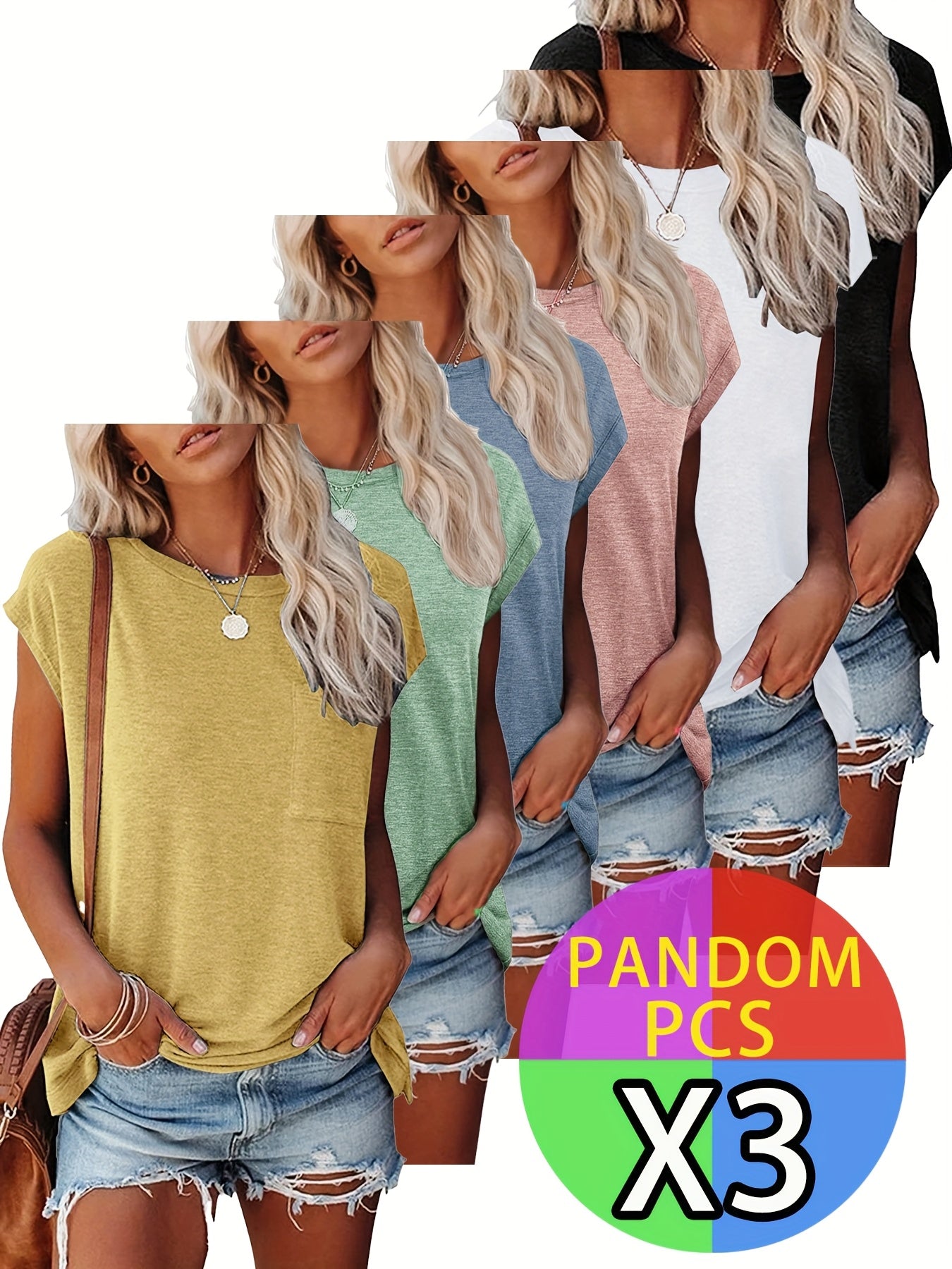 Women's Essential T-Shirt - 3-Pack Round Neck Short Sleeve – Regular fit / 15-Variant Selection detail view