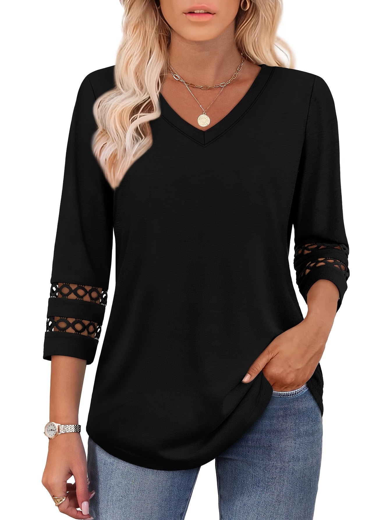 Women's Essential T-Shirt - 3-Pack V-Neck Three-Quarter Sleeve – Colorway 84005 detail view