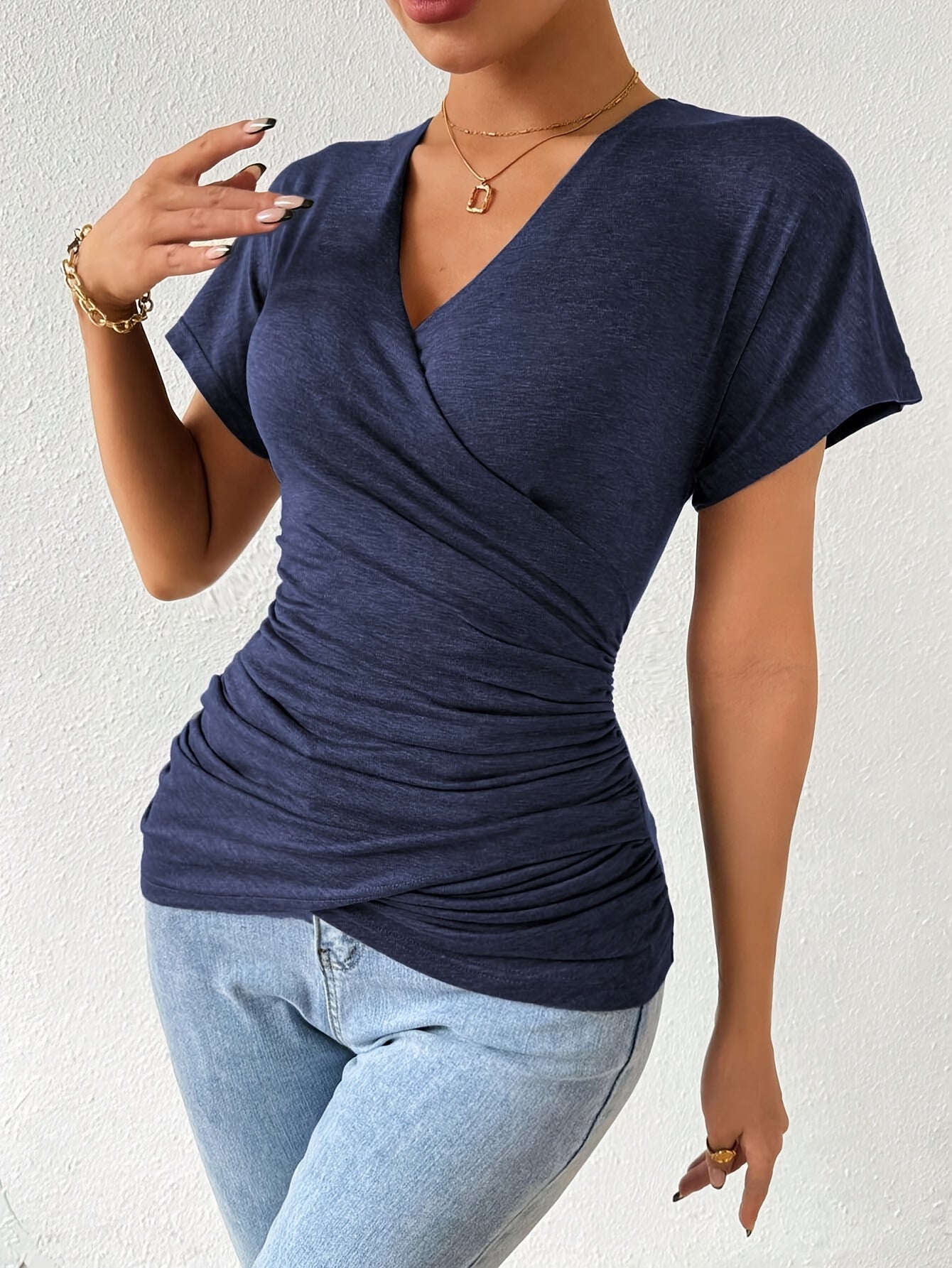 Women's Essential T-Shirt - V-Neck Short Sleeve – Navy Color detail view