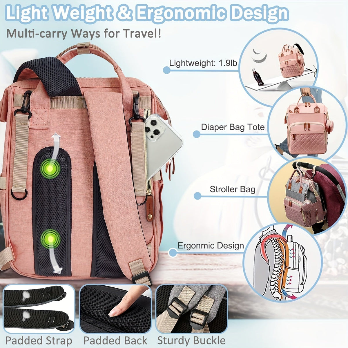 Women's Everyday Diaper Bag – pink color / Green – view 6