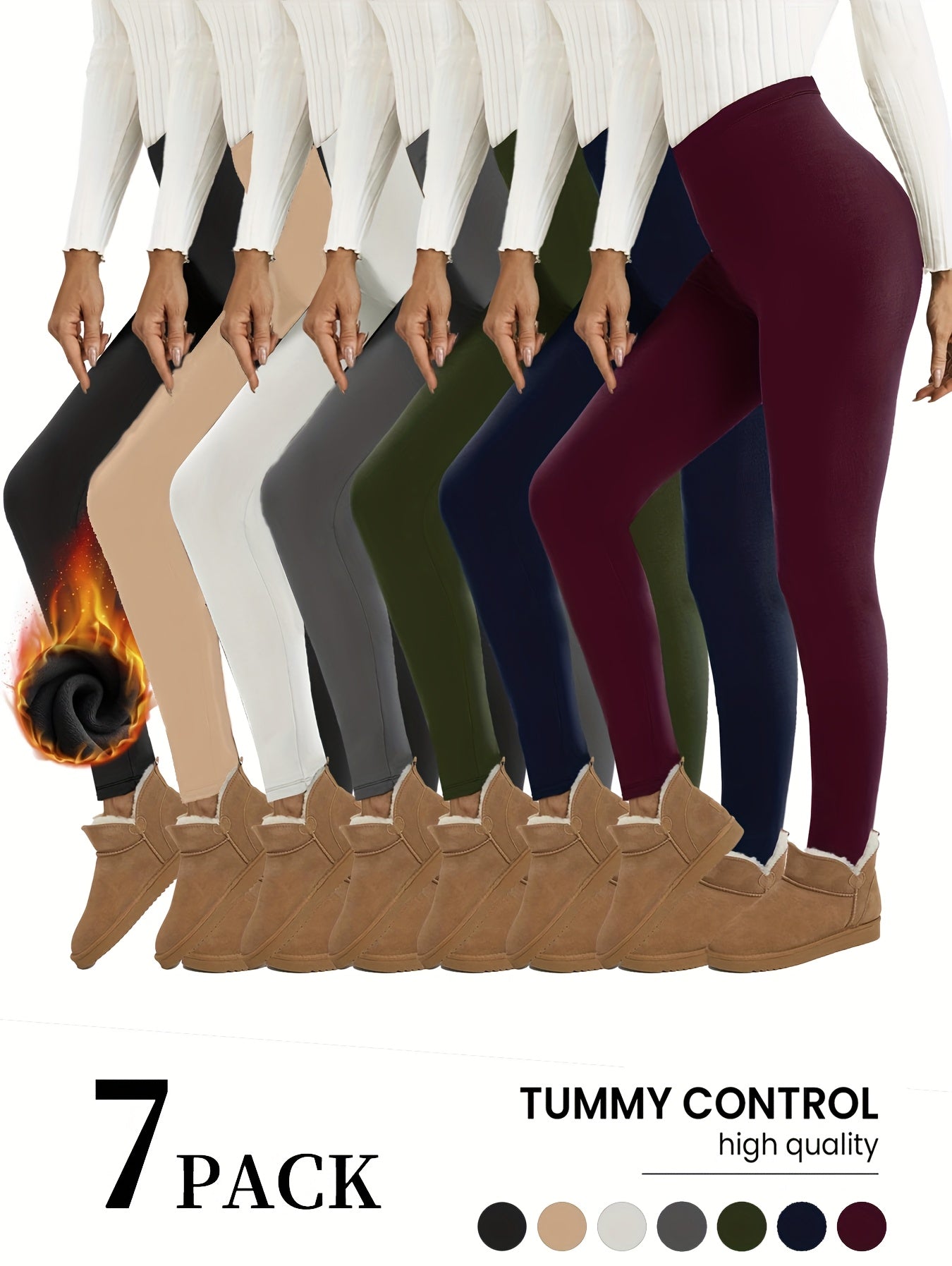 Women's Fleece-Lined Leggings - 7-Pack Elastic Waist detail view