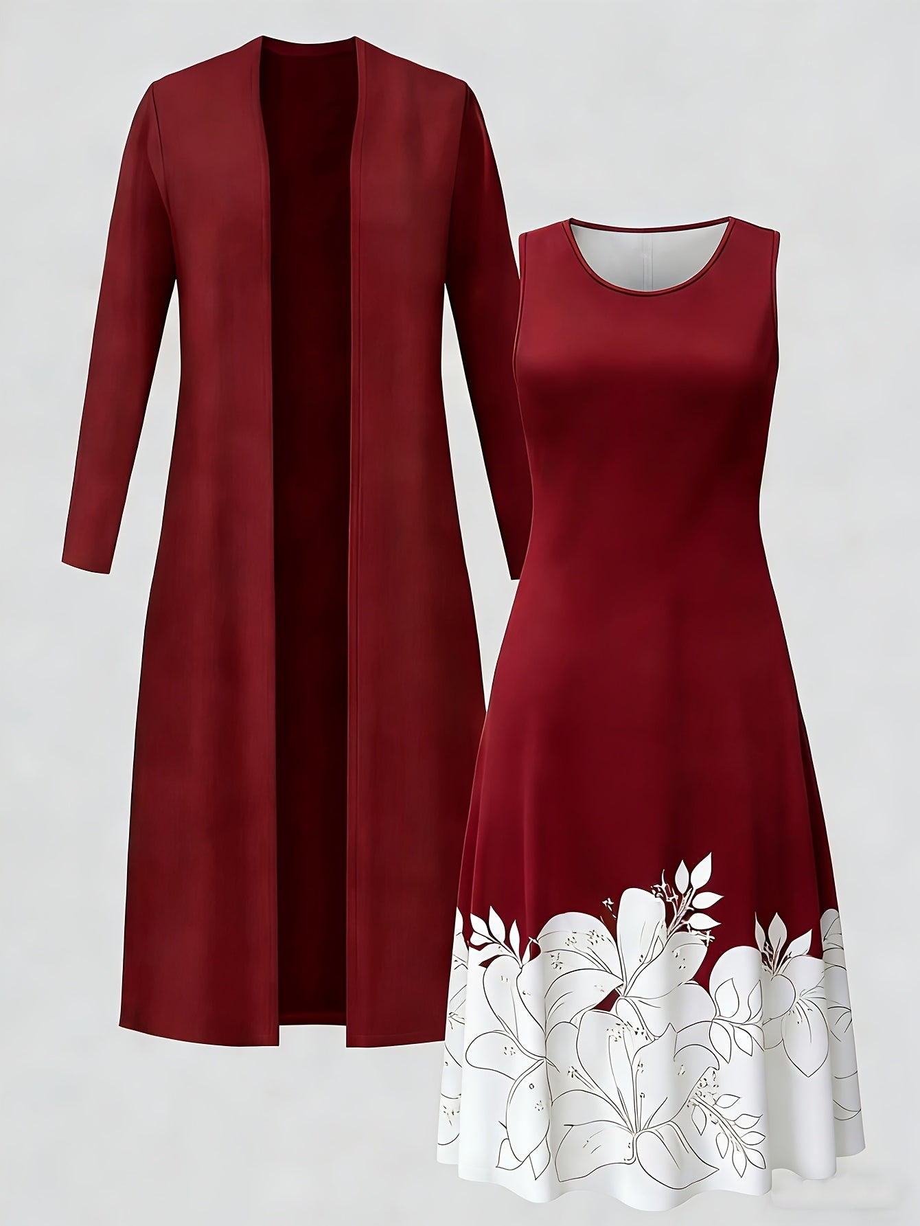 Women's Floral Dress and Cardigan Set - Two-Piece Coordinated Style detail view