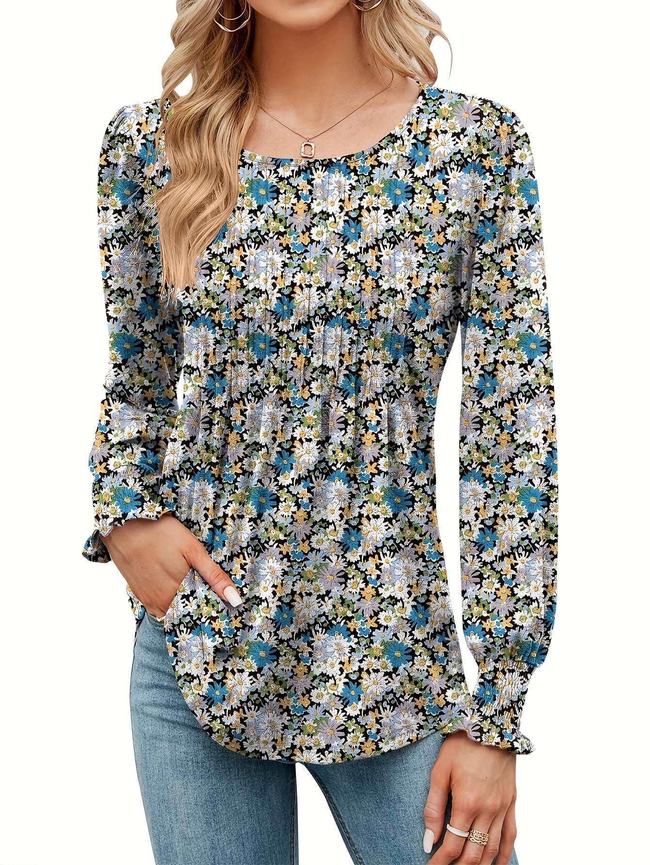 Women's Floral Graphic T-Shirt - Round Neck Long Sleeve detail view