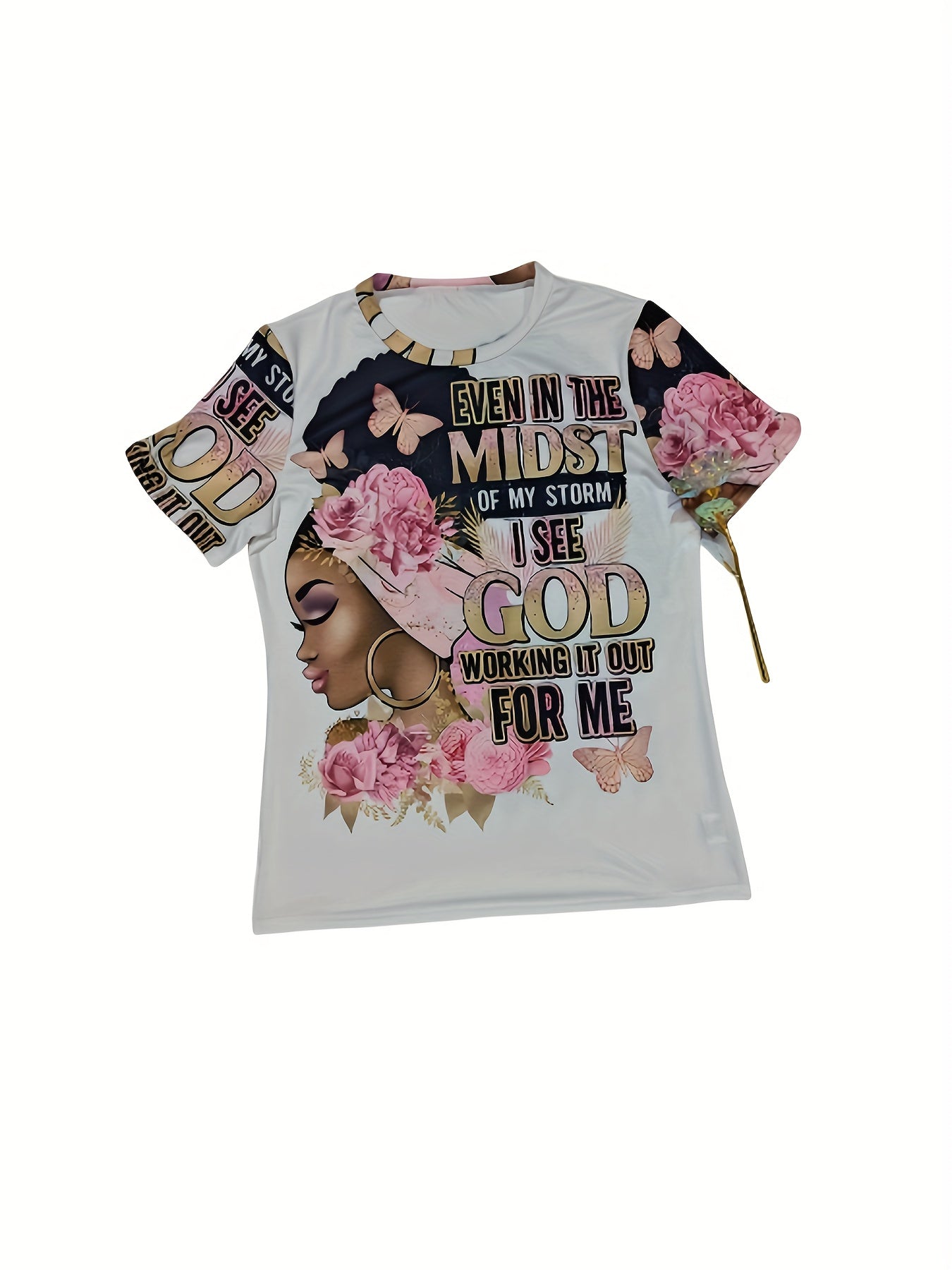 Women's Floral Graphic T-Shirt - Round Neck Short Sleeve – White – view 9