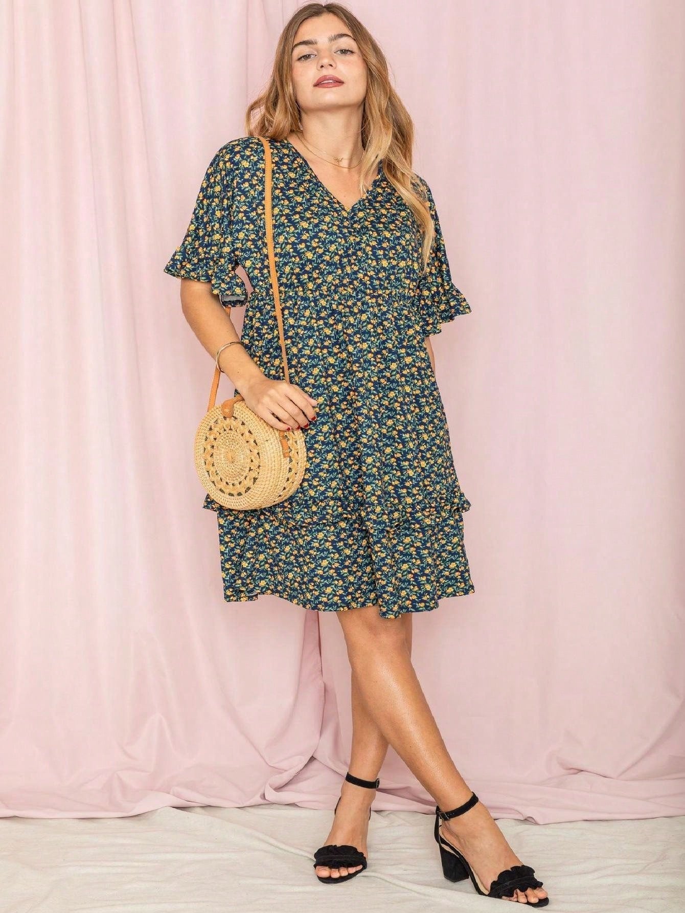 Women's Floral V-Neck Midi Knit Dress - Ruffle detail view