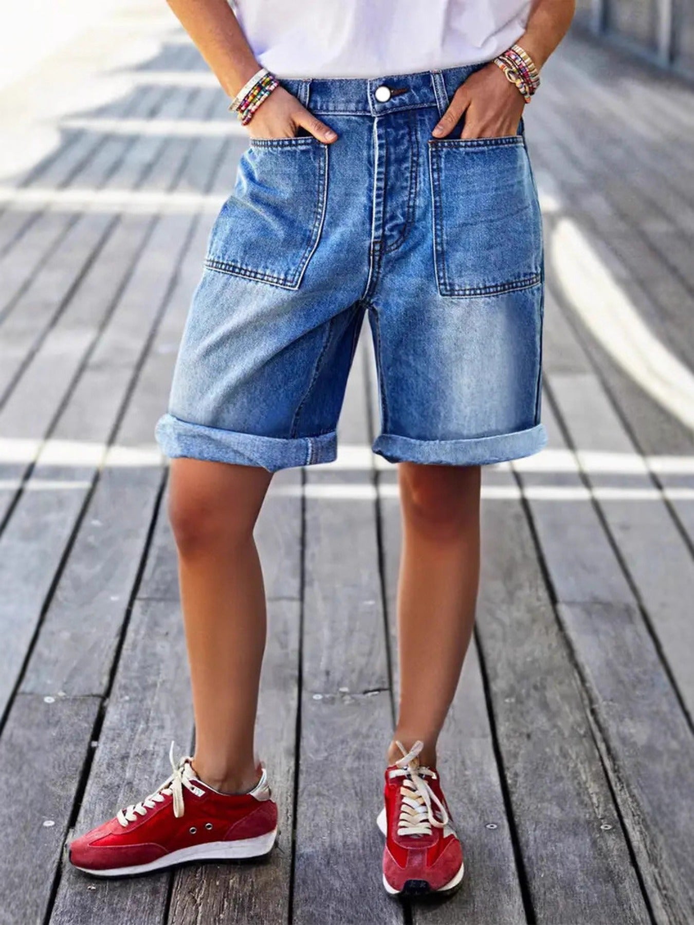 Women's High-Waist Denim Shorts - Clean Finish Relaxed Fit detail view