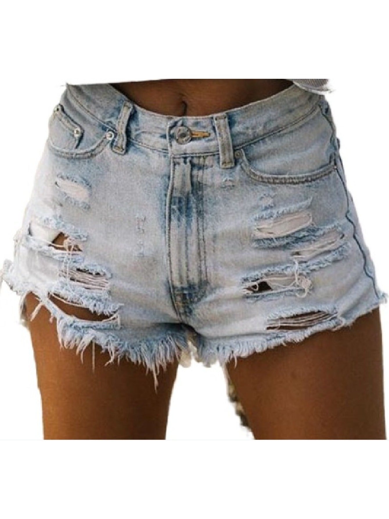 Women's High-Waist Denim Shorts - Light Blue Distressed detail view