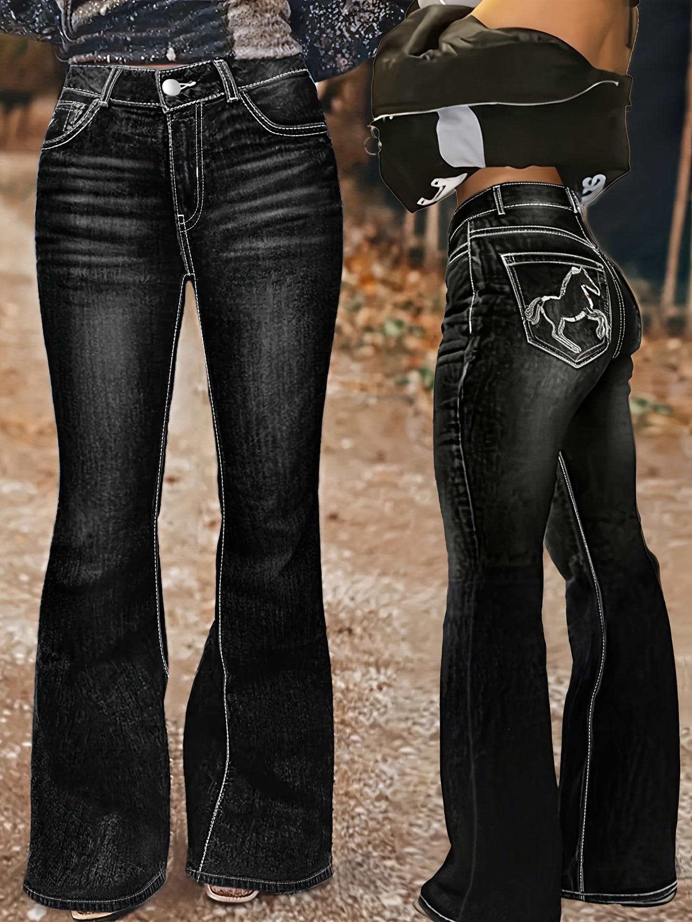 Women's High-Waist Flare Jeans - Black Vintage Wash Distressed detail view