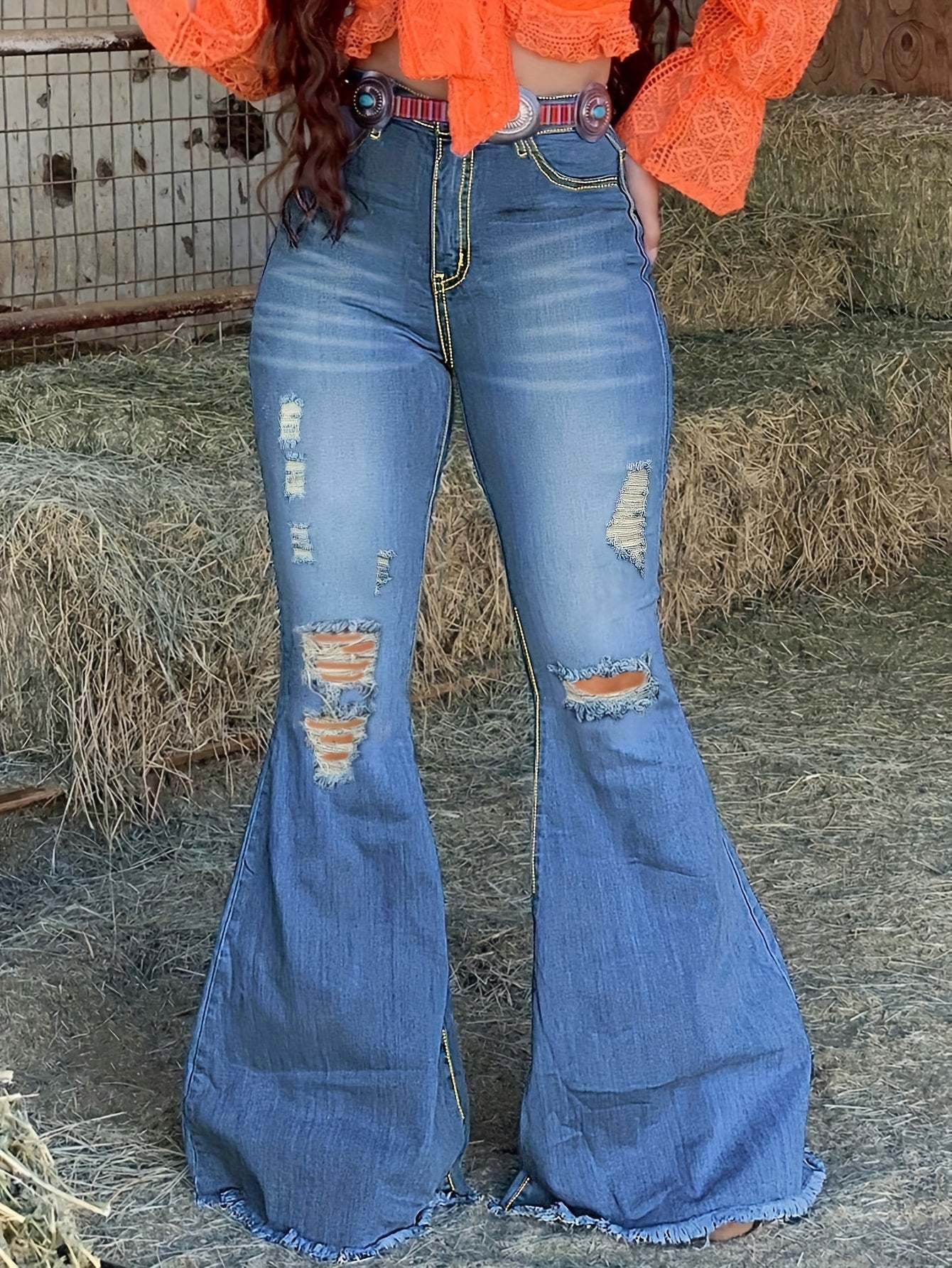 Women's High-Waist Flare Jeans - Medium Blue Distressed Stretch detail view