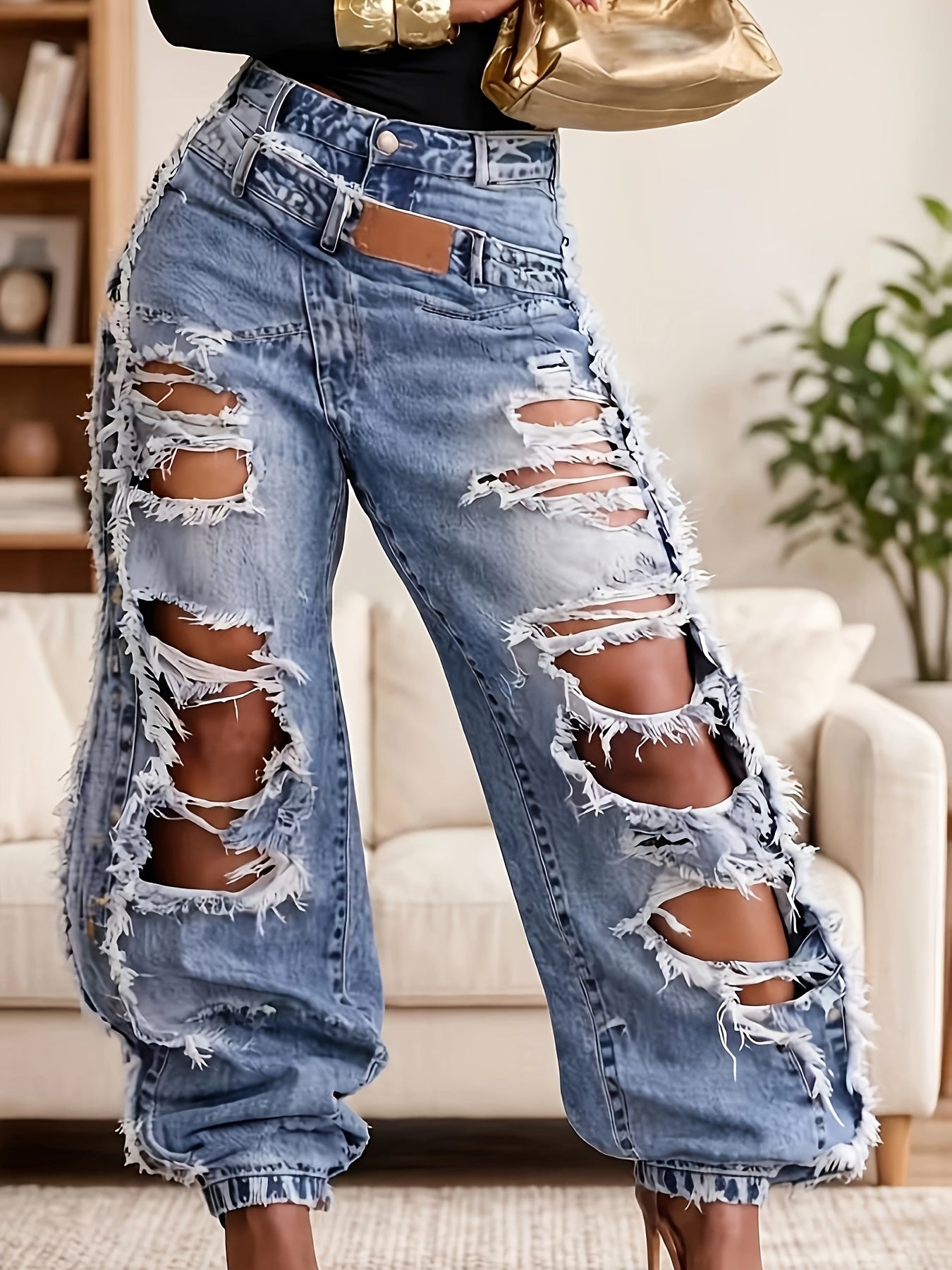 Women's High-Waist Jeans - Light Blue Distressed detail view
