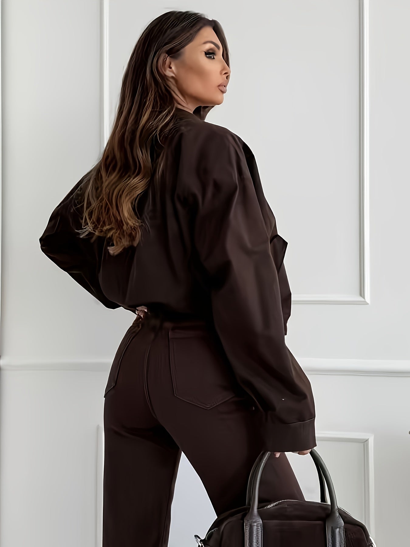 Women's High-Waist Wide Leg Jeans - Coffee Brown Button Detail detail view