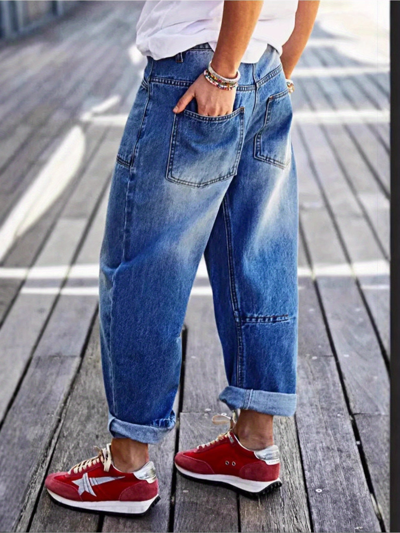 Women's High-Waist Wide Leg Jeans - Denim Blue Vintage Wash Patchwork detail view